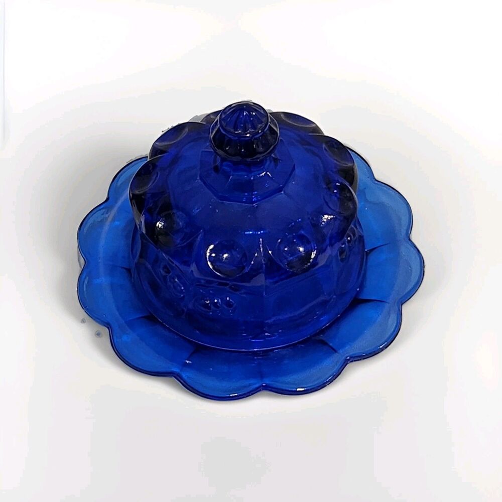 Vintage MCM Cherry Thumbprint Cobalt Blue Glass Covered Butter Dish